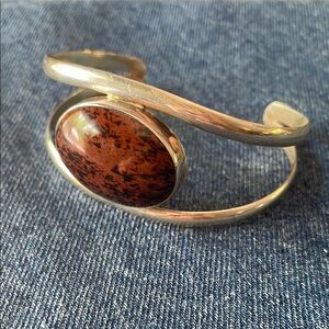 Vint Mexico .925 Sterling Silver and Mahogany Obsidian Brown Stone Cuff Bracelet